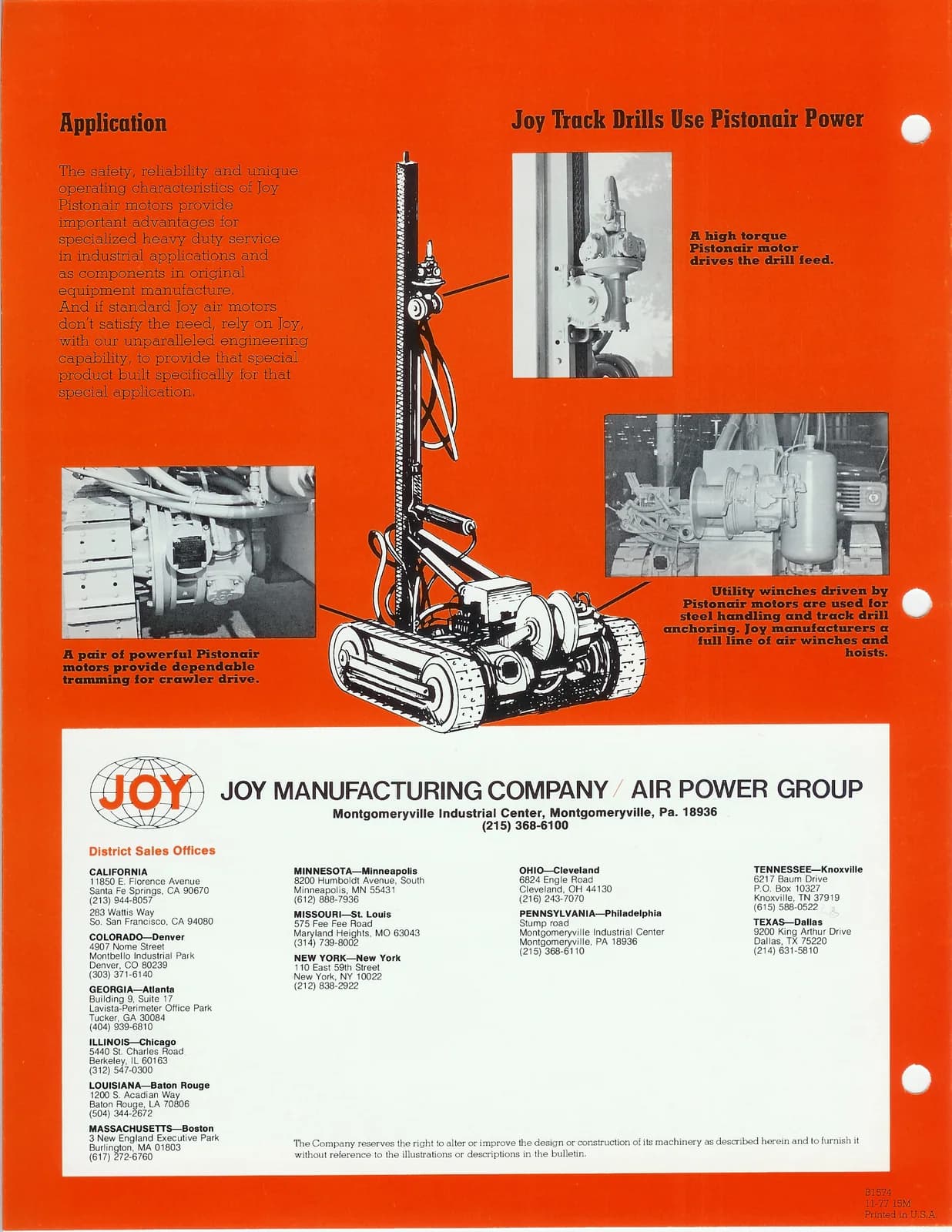 Archival JOY Manufacturing Company Air Power Group catalog page featuring Pistonair-powered track drills